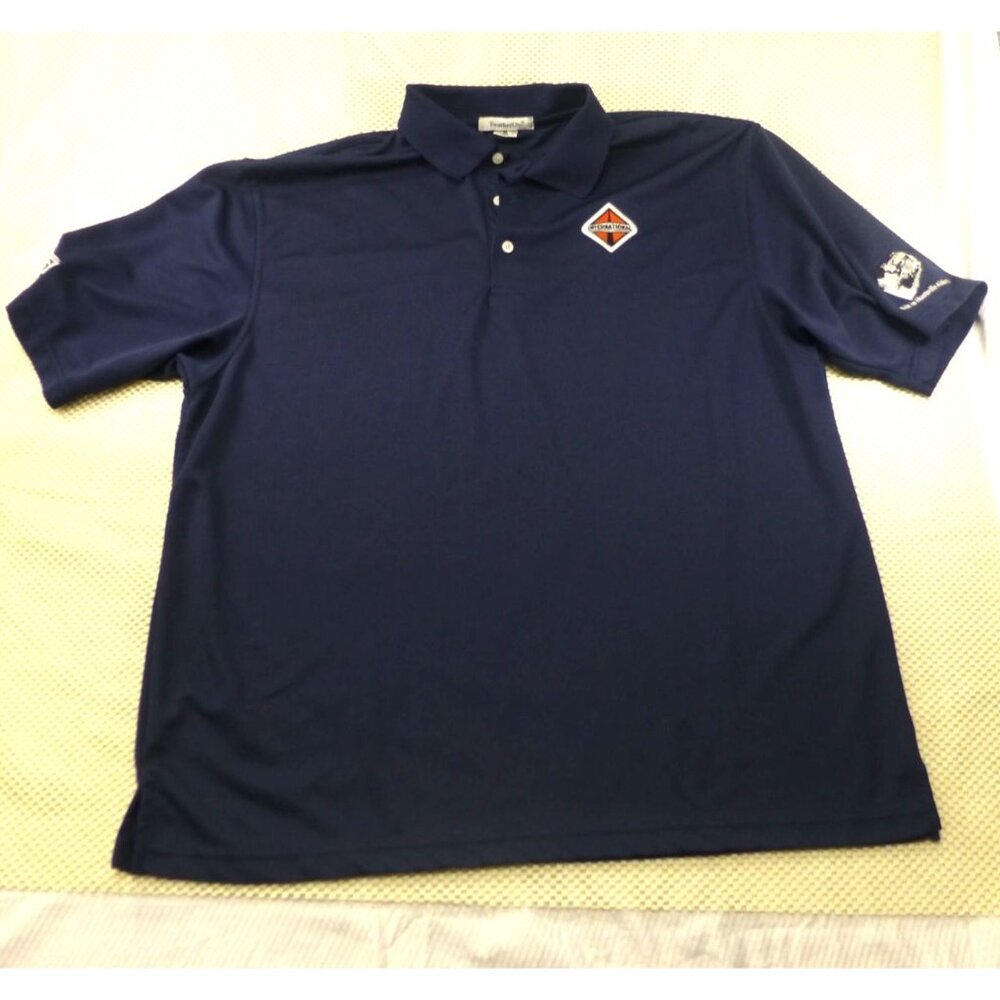 International A26 Featherlite Polo Shirt XL Navy Built In Huntsville Alabama Emb